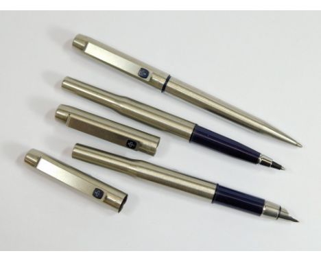 PARKER 25. A brushed stainless steel, Parker 25 fountain pen with matching ballpoint & roller ball pen. C.1990s.  Please note