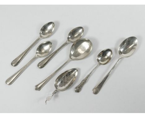 SPOONS. Various silver tea & coffee spoons etc., & a silver coloured metal caddy spoon with 'leaf' bowl.  Please note that al