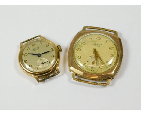 GOLD WATCHES. A late 20th century, 9ct. gold Accurist wristwatch. 3x3x3.5cm, including lugs, (lacks crown winder). Also, a la