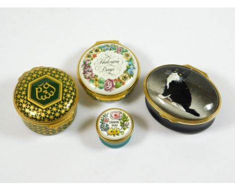 HALCYON DAYS. Four Halcyon Days enamelled boxes, including for Boodle & Dunthorne, Jewellers. (Cat box with chipped enamel to