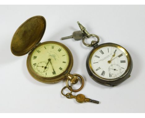 POCKET WATCHES. A silver open faced pocket watch (glass cracked) & a gold plated full hunter pocket watch, retailed by Russel