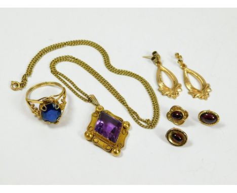 AMETHYST PENDANT ETC. A yellow metal pendant set an amethyst on 9ct. gold chain. Also, a hand made yellow metal ring set with