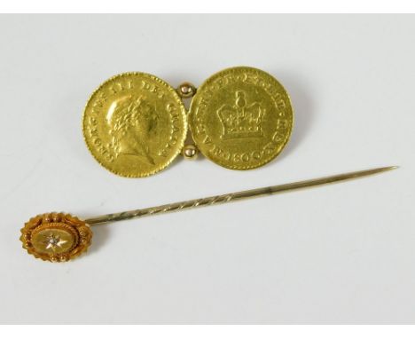 STICK PIN ETC. A Victorian 15ct. gold diamond set stick pin & a George III double coin brooch.  Please note that all items in