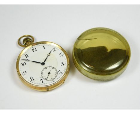 GOLD WATCH. A 9ct. gold, open faced pocket watch. (Damaged glass).  All watches in this auction are previously owned & are of