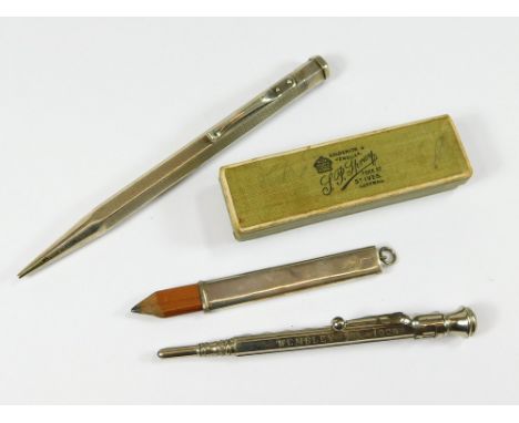 PENCILS. A silver, engine turned Yard-O-Led propelling pencil. Also a white metal, Wembley 1925 Exhibition souvenir propellin