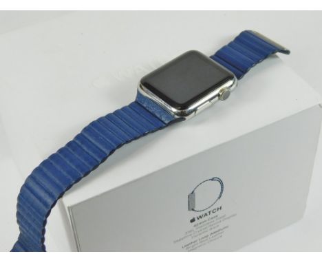 APPLE WATCH. A stainless steel cased Apple wristwatch with crystal retina display & ceramic back, fitted with an integral blu