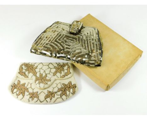 EVENING BAGS. Two evening handbags, the sequinned bag with petit point powder compact.  Please note that all items in this au