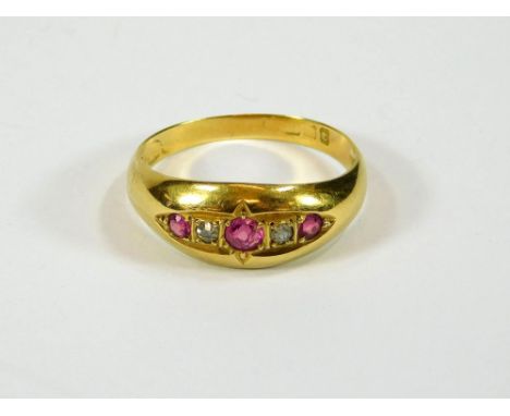 GOLD RING. A late 19th century ruby & diamond ring (hallmarks worn). Size O.  Please note that all items in this auction are 
