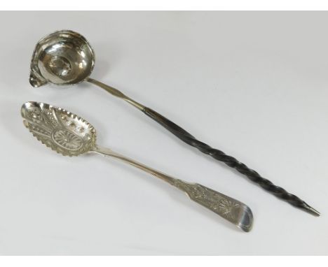 PUNCH LADLE ETC. A silver coloured metal punch ladle, the bowl inset a Queen Anne coin & with twisted baleen handle. Length 3