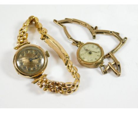 WRISTWATCH. A lady's 9ct. gold cased wristwatch on later gold plated bracelet strap & one other 9ct. gold cased watch on gold