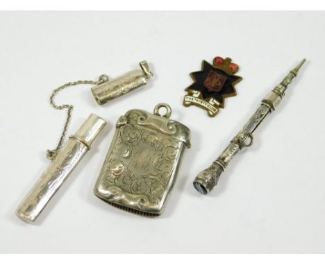 VESTA CASE ETC. A small Edwardian silver vesta case, a modern silver pencil holder, a push-up pencil with banded agate seal t