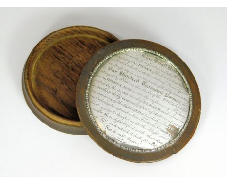 BRISTOL RIOTS, 1831. An oak snuff box, c.1831, the lid with a documentary inscription confirming that the 'snuff box was made