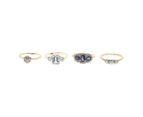 the step-cut aquamarine is set with two circular-cut diamonds, in 18ct gold, 2.8 grams, size O, together with a sapphire and 