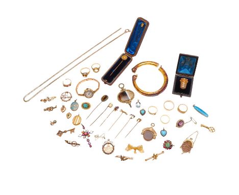 including a lady's gold and diamond wristwatch on an expanding bracelet, a 9ct gold, carnelian and bloodstone spinning fob, a