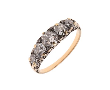 mounted with five graduated old-cut diamonds, with rose-cut diamond highlights in carved gold mount, 4 grams. Size R.  *CR  W