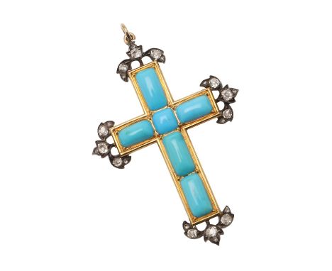 formed with rectangular-shaped turquoise cabochons with rose-cut diamonds set to the foliate compass points, in gold, 4.5 x 3