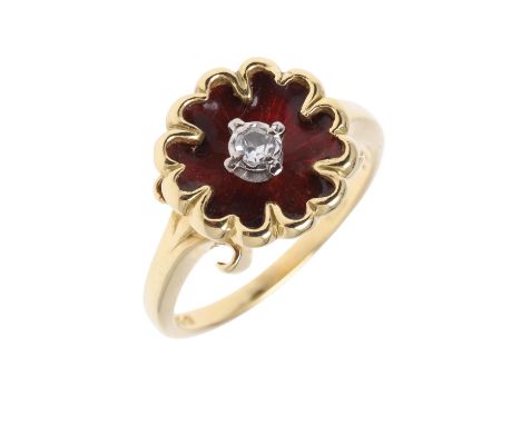the red guilloche enamel is centred with a circular-cut diamond, in 18ct yellow gold, hallmarked for London 1967, maker's mar