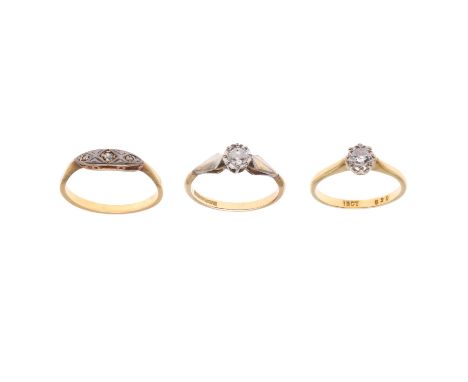 mounted with a circular-cut diamond in 18ct gold, 2.7 grams, size N, together with another diamond solitaire ring, set in 18c