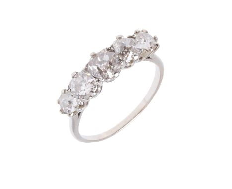 mounted with five graduated cushion-shaped diamonds, in claw settings, 2.6 grams. Size K 1/2.  *CR  With some wear to the sha