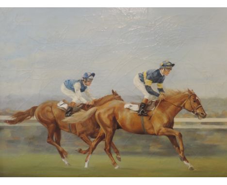 An oil painting, Grundy, The Derby 1975, horse racing interest, signed R Gibbons and dated (19)75, 50x 60cm, framed
The 19 is