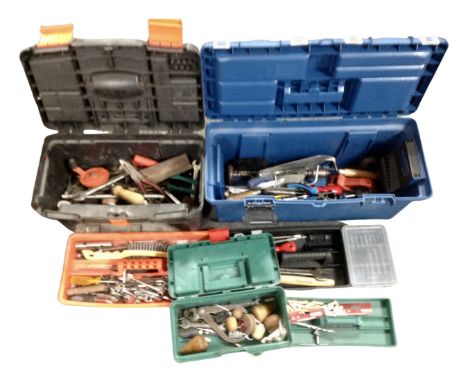 Three plastic tool boxes with lift out trays containing hand tools, drill bits etc.