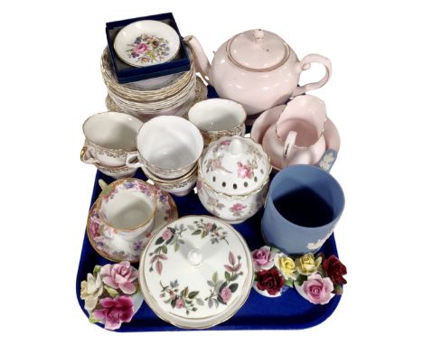 A tray containing assorted ceramics including china flower posies, bone tea china, a Tuscan teapot with milk jug and sugar ba