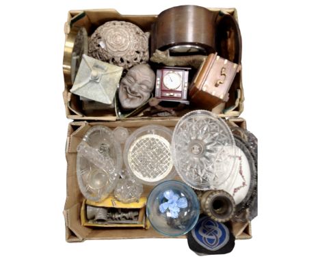 Two boxes containing pressed glass items, a vintage Spong mincer, an oak mantel clock, wall clocks, a jewellery box etc.