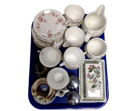 A tray containing Duchess June Bouquet tea china, Portmeirion  Botanic Gardens milk jug, sugar basin and butter dish, Royal W