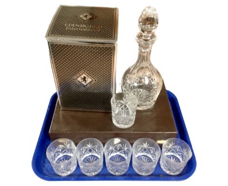 An Edinburgh Crystal hand cut decanter with stopper together with six Webb crystal whisky glasses. (both parts boxed)
