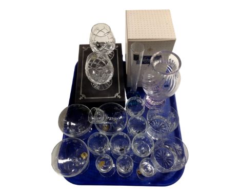 A tray containing assorted glassware including Caithness vase (boxed), a pair of Edinburgh crystal brandy glasses (boxed), bu