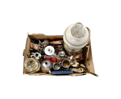 A box containing a brass oil lamp with chimney and shade (electric), dressing table brushes, pewter tankards, flasks, a metal