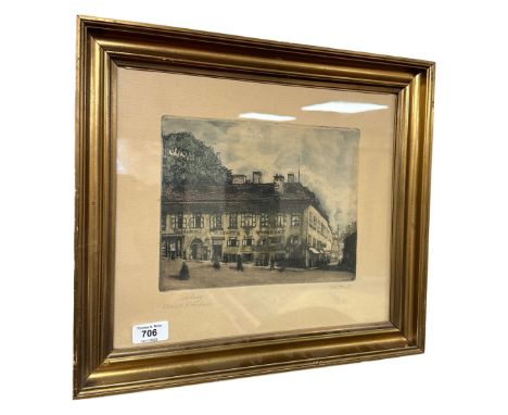 A hand coloured etching depicting a tavern, 25cm by 20cm.