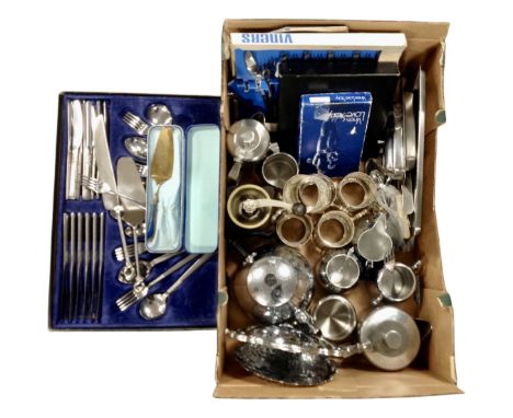 A boxed set of Viners cutlery together with a further box containing further plated wares, stainless steel coffee grinder etc