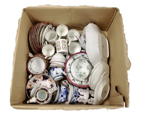 A box containing antique and later tea china including Coalport, Wedgwood Susie Cooper coffee cans and saucers etc.