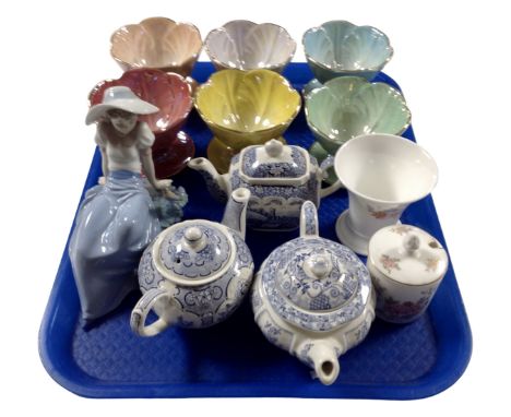 A tray containing assorted ceramics including a set of six lustre Beswick grapefruit dishes, a Nao figure of a girl, a Saddle