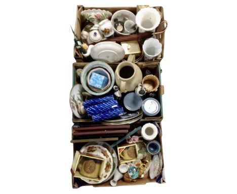Three boxes of souvenir pottery mugs, collector's plates, decanter, tea ware and vases etc 