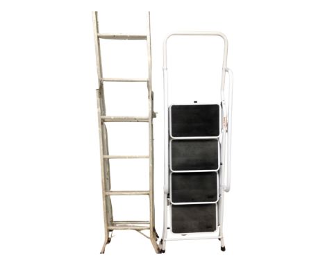 A set of aluminium multifunction steps together with a four-tread folding step ladder with hand rails 