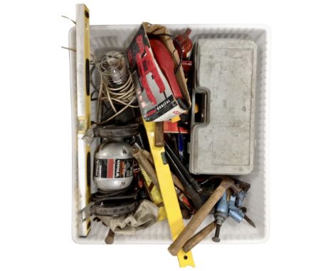 A large plastic crate containing hand tools, spirit levels, Powerdevil sander, Wickes bench grinder, inspection lamp etc.