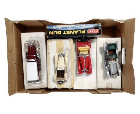 A box of Merit planet gun, together with four large scale die-cast classic cars, all parts boxed.