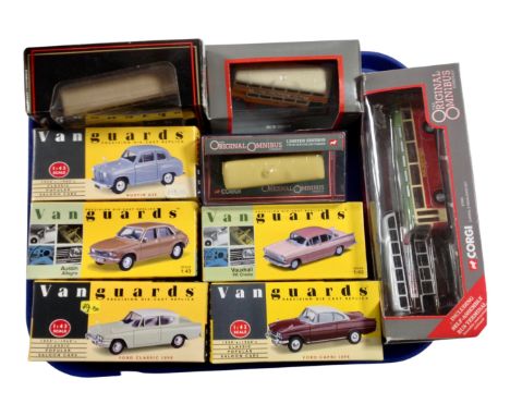 A tray containing five boxed Vanguard die cast vehicles together with four further boxed Corgi Omnibus.