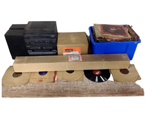 An Alba HiFi with speakers together with a Gnome projector, a projector screen, and a box containing a quantity of vintage 78