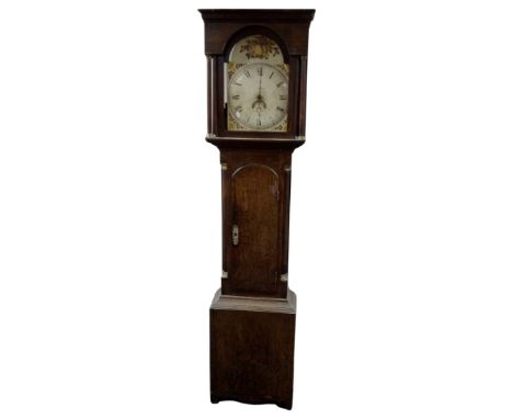 An early 19th century oak longcase clock with painted dial, Hexham maker, pendulum and weights 