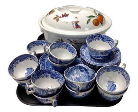 A Royal Worcester Evesham lidded oven dish together with a small quantity of Copeland Spode Italian patterned tea china and p