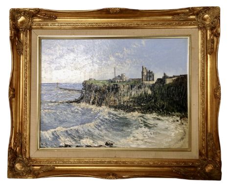 Dallas K Taylor (British 1941-2011), King Edwards Bay, Tynemouth, with priory and pier beyond, oil on board, in gilt frame.