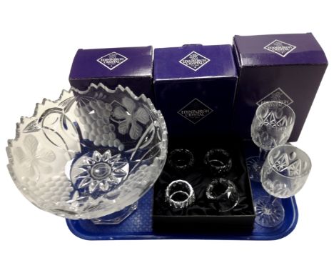 A tray containing assorted glassware including six Edinburgh crystal wine glasses (boxed) together with a glass fruit bowl on