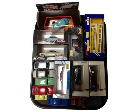 A tray containing boxed and unboxed die cast vehicles including Corgi Minichamps, Schabak etc.