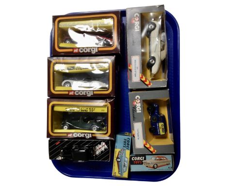 A tray containing seven boxed Corgi die cast vehicles together with a further WM die cast classic car. (all parts boxed)