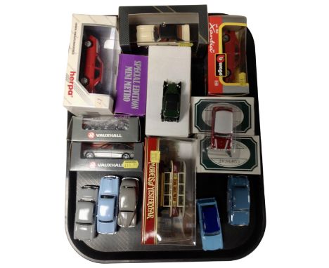 A tray containing boxed and unboxed die cast vehicles including Corgi Models of Yesteryear, Burago.