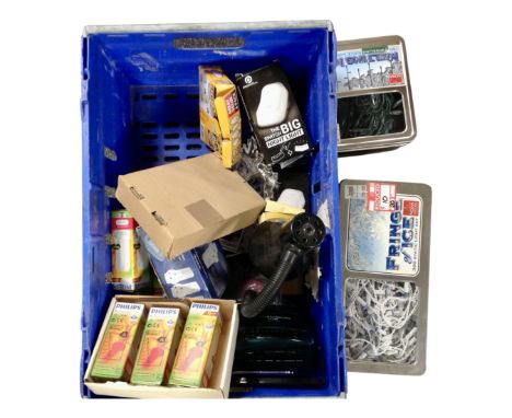 A box containing angle poise lamp, Christmas lights and bulbs, radio etc 