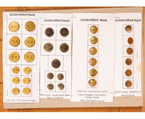 Hunt buttons various, all unidentified, including two coat sets and waistcoat sets, also tailor’s buttons for hunt coats and 
